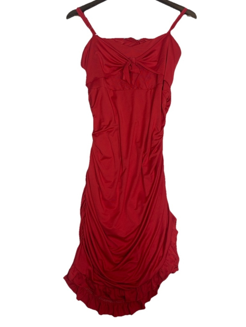 Liumilac Red Ruched Ruffle Midi Dress XL Wedding Guest Cocktail Party